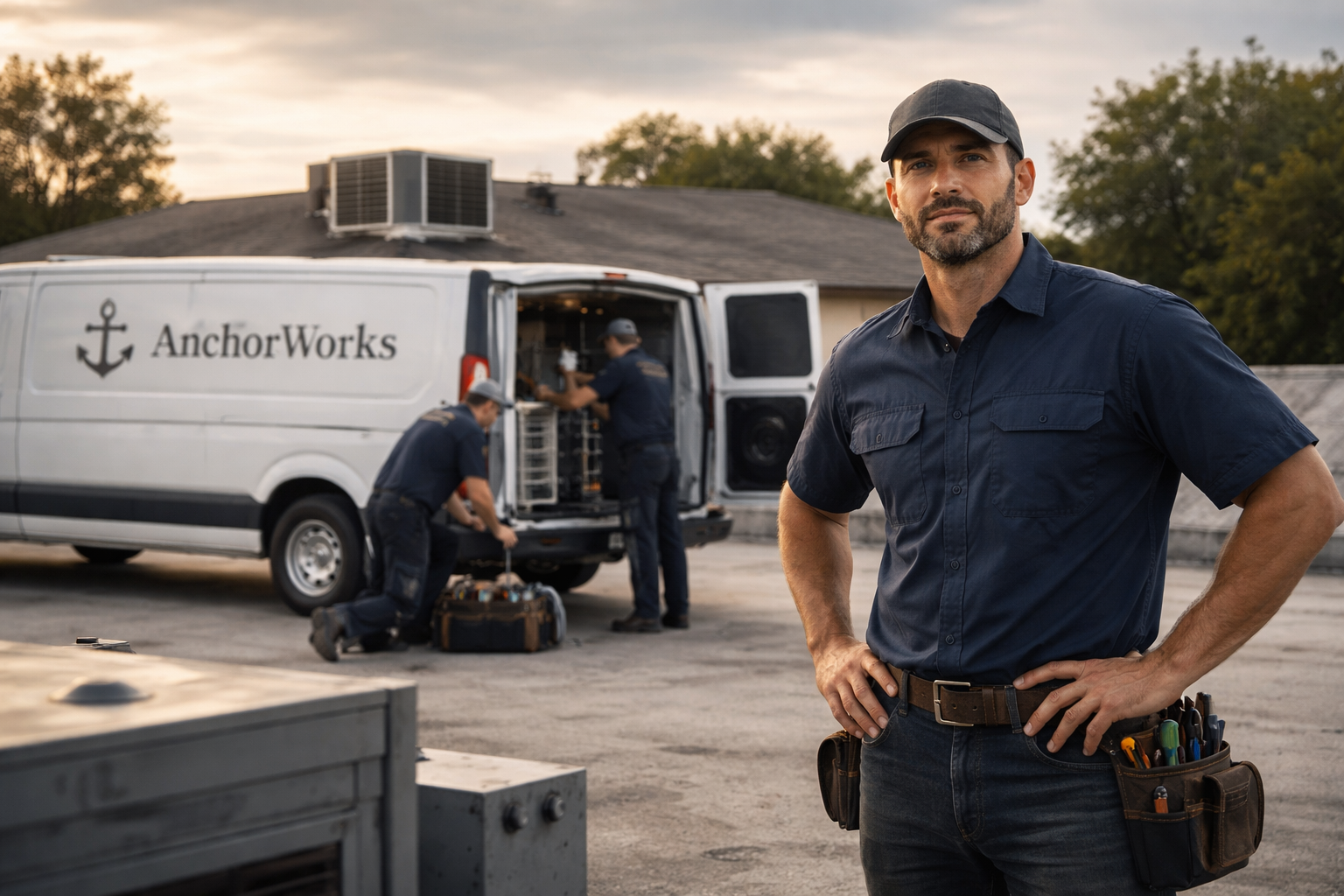 Chris Campbell, founder of AnchorWorks, beside a branded service van
