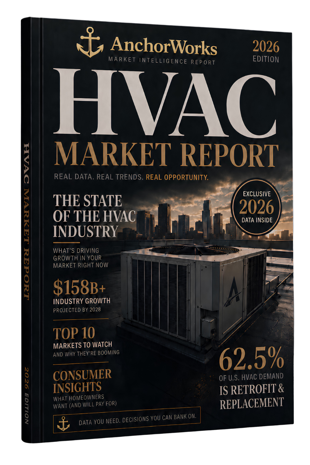 2026 HVAC Revenue Benchmark Report by AnchorWorks — 3D cover of the HVAC industry benchmark report
